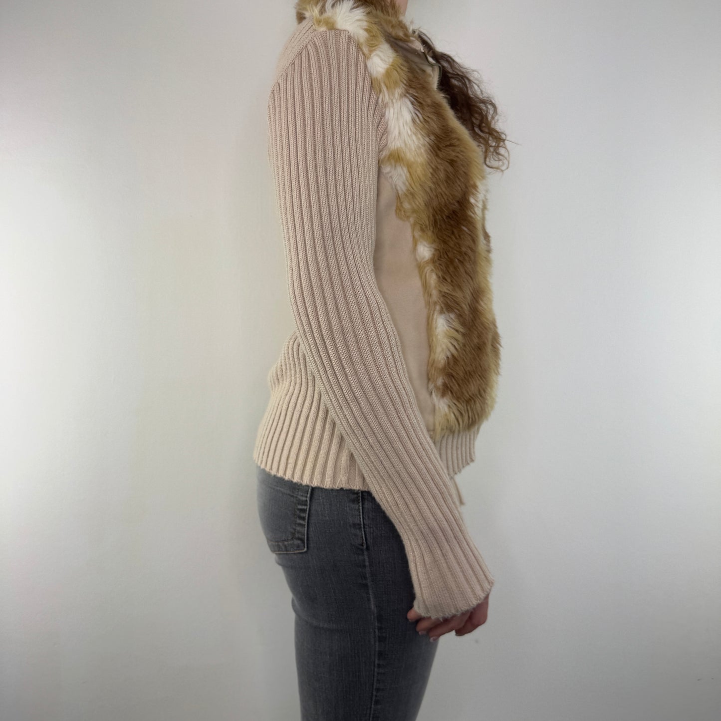 Y2K vintage faux fur jumper deer fawn knit sleeve zip up jacket bambi