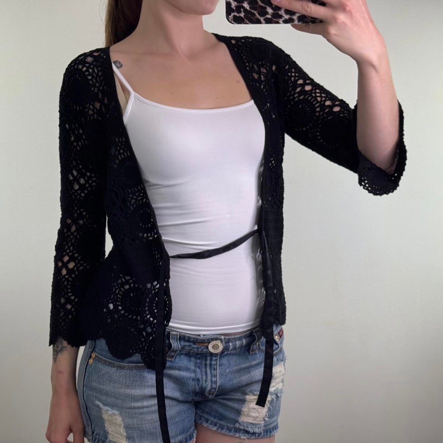 Y2K vintage crochet knit 3/4 sleeve jumper cardigan v neck bow tie front