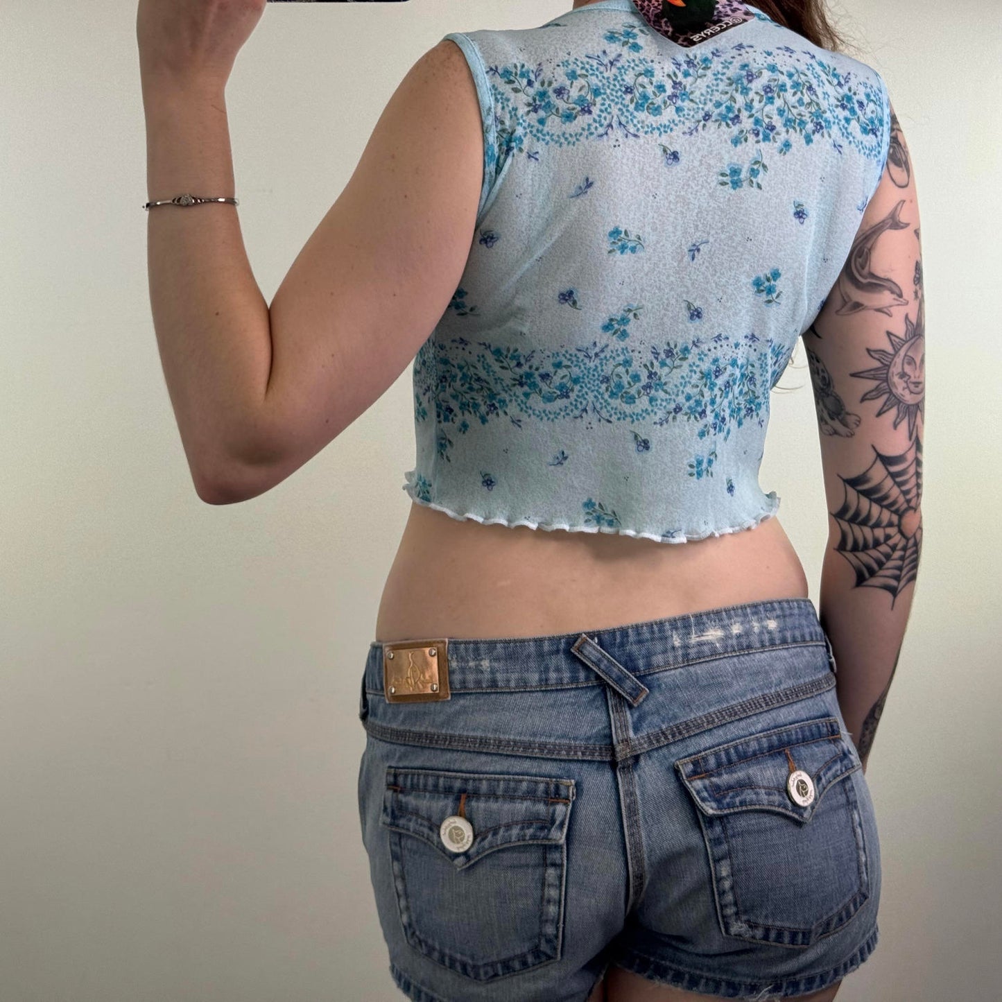 Y2K vintage mesh floral crop top lettuce hem sheer round neck ditsy flowers