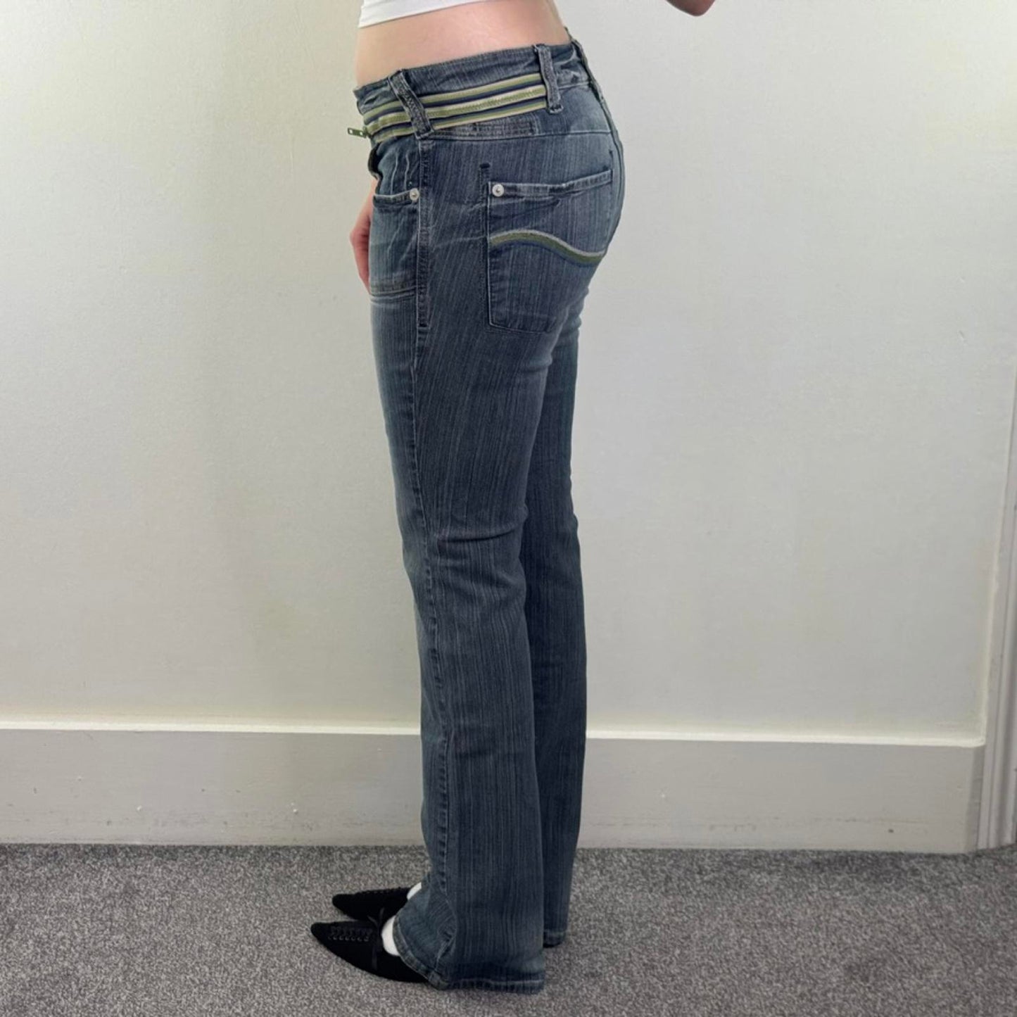 Y2K vintage faded denim wash bootcut jeans stripe zipper detail stretchy