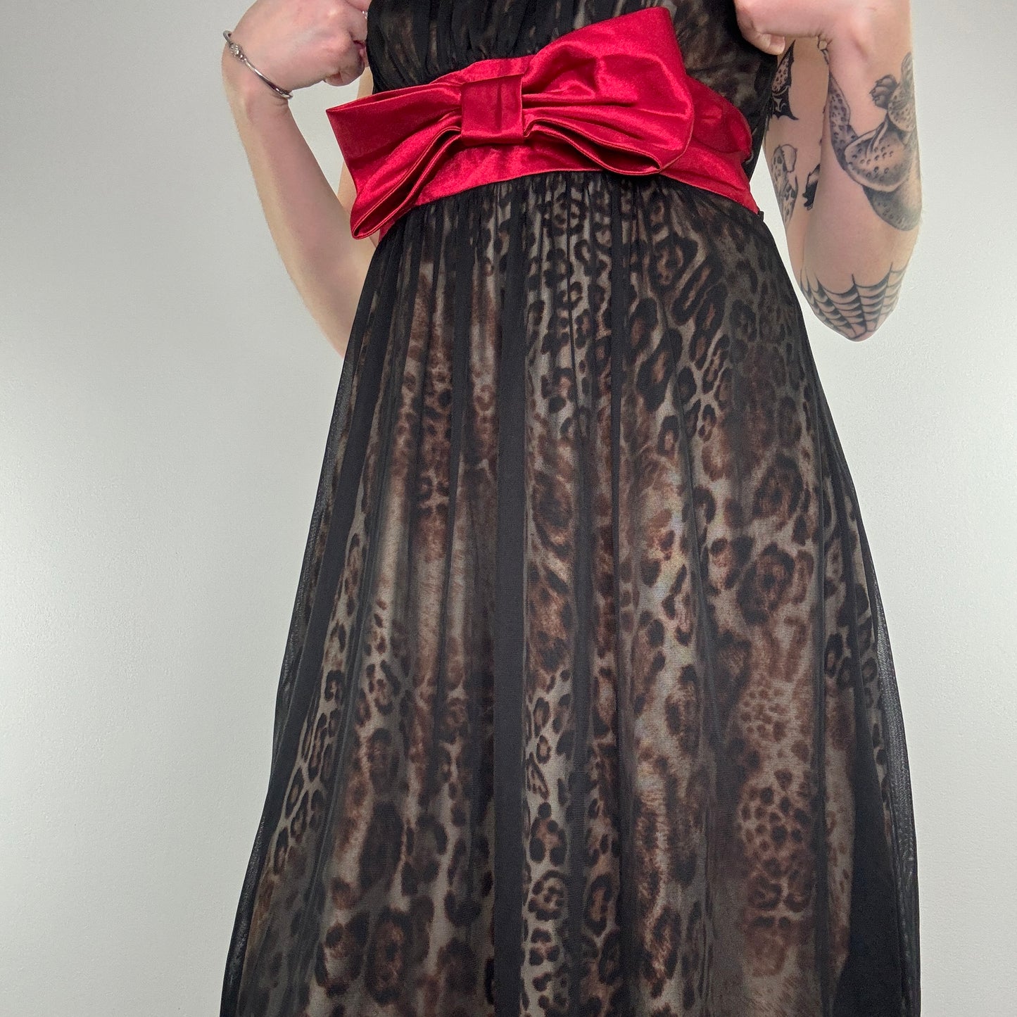 Y2K vintage leopard print bow midi dress
