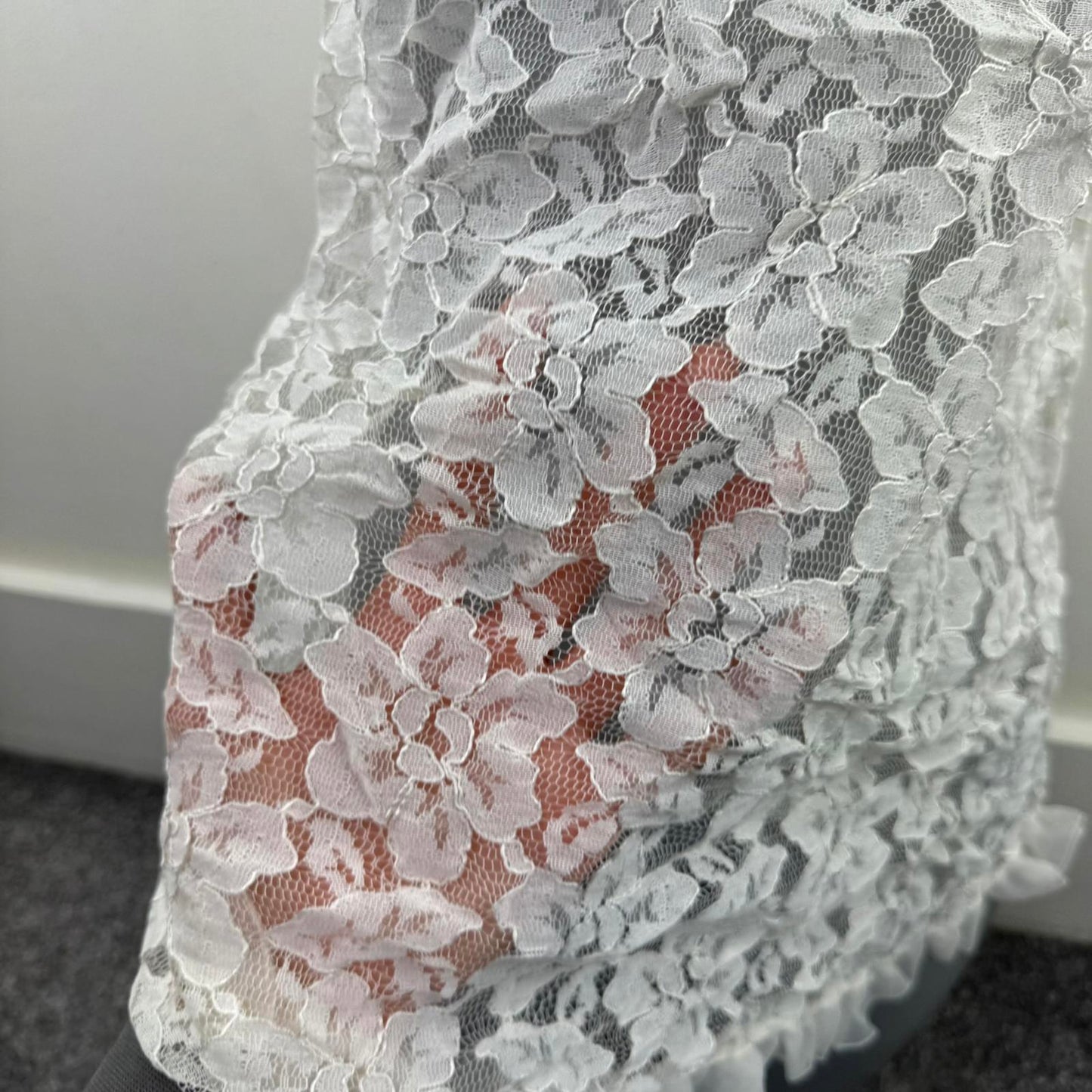 True vintage lace sheer long blouse sleeveless ruffle hem floral white coquette