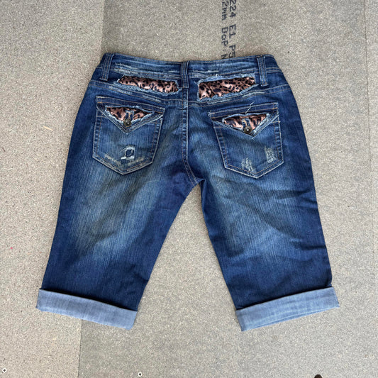 Y2K vintage low rise faded denim capri jeans stretchy satin leopard print