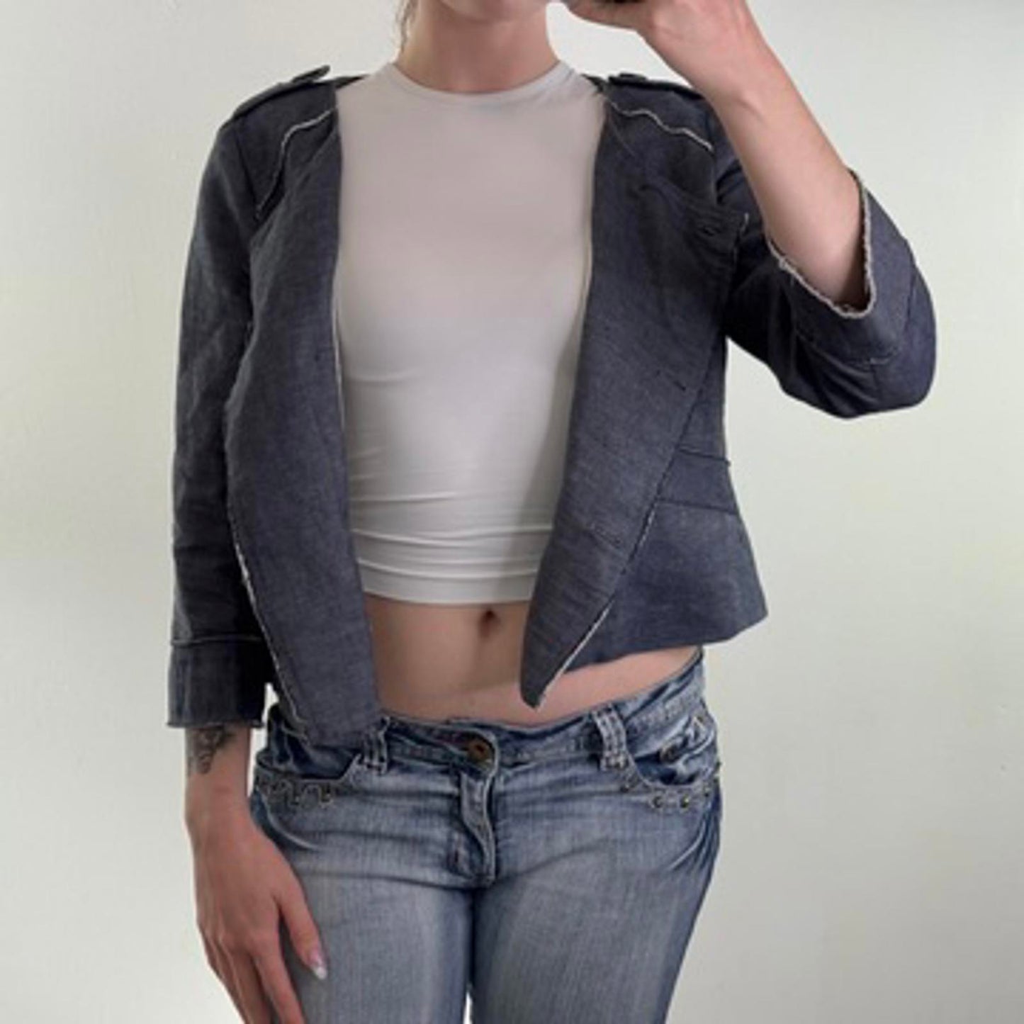 Y2K vintage linen blend pea coat lightweight jacket cropped 3/4 sleeve