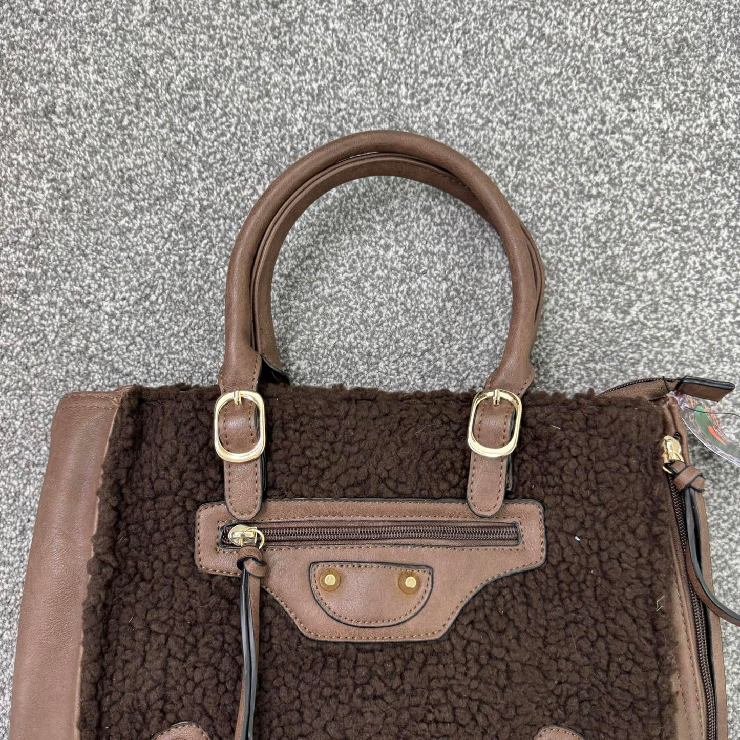 Small sherpa faux leather mini handbag brown gold