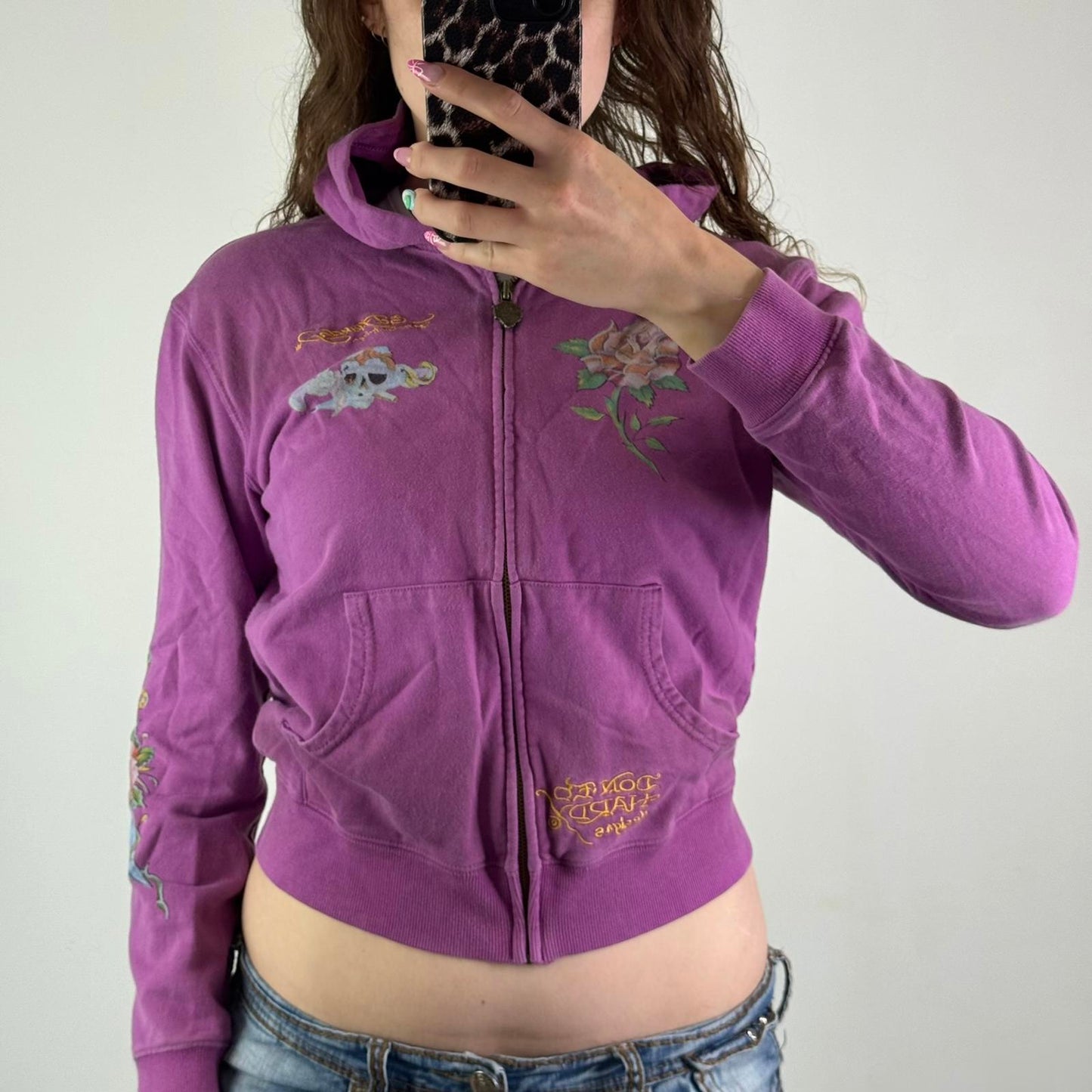 Y2K vintage Ed Hardy zip up hoodie slight cropped fit tattoo graphic print
