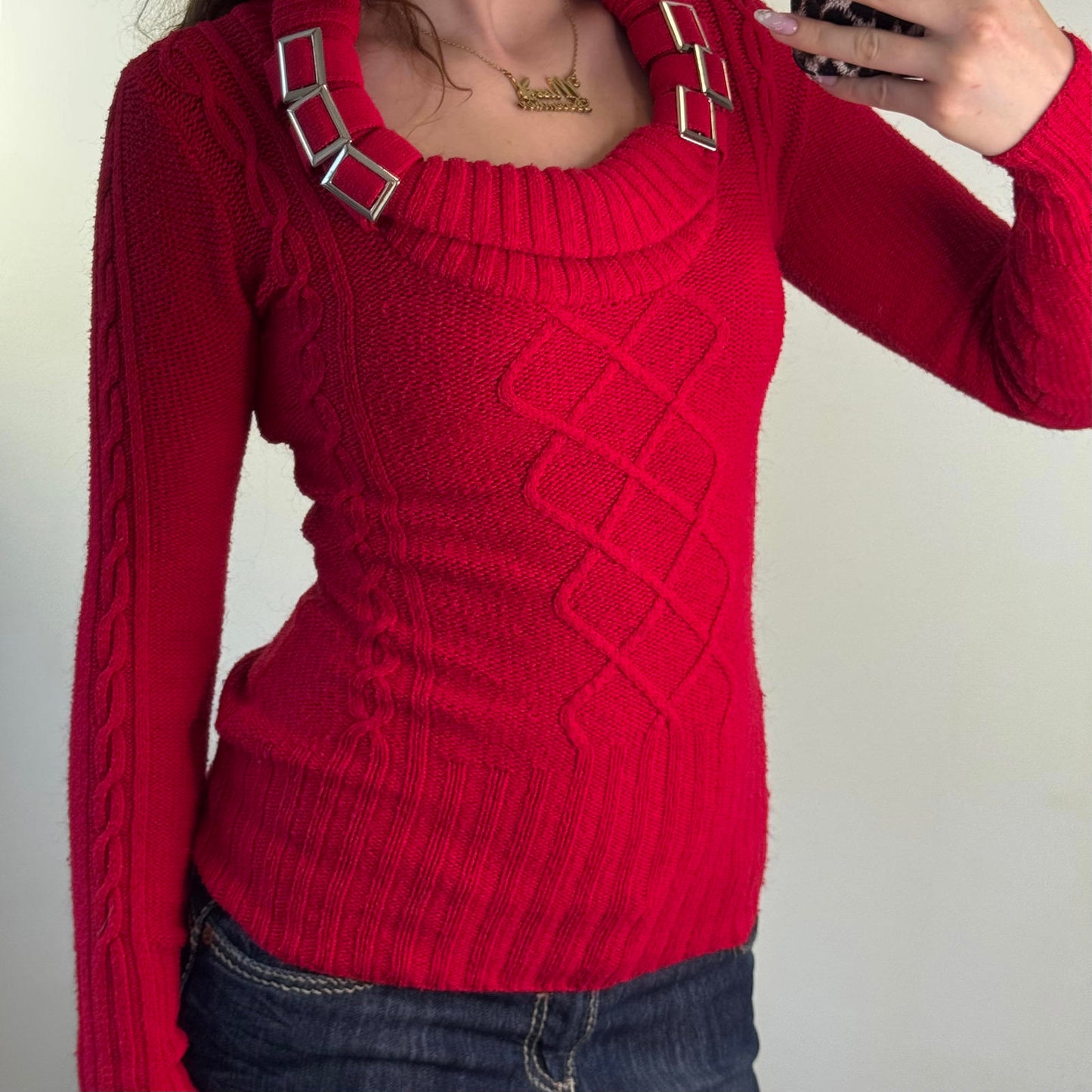 Vintage Jane Norman roll neck knitted jumper buckle scoop neck