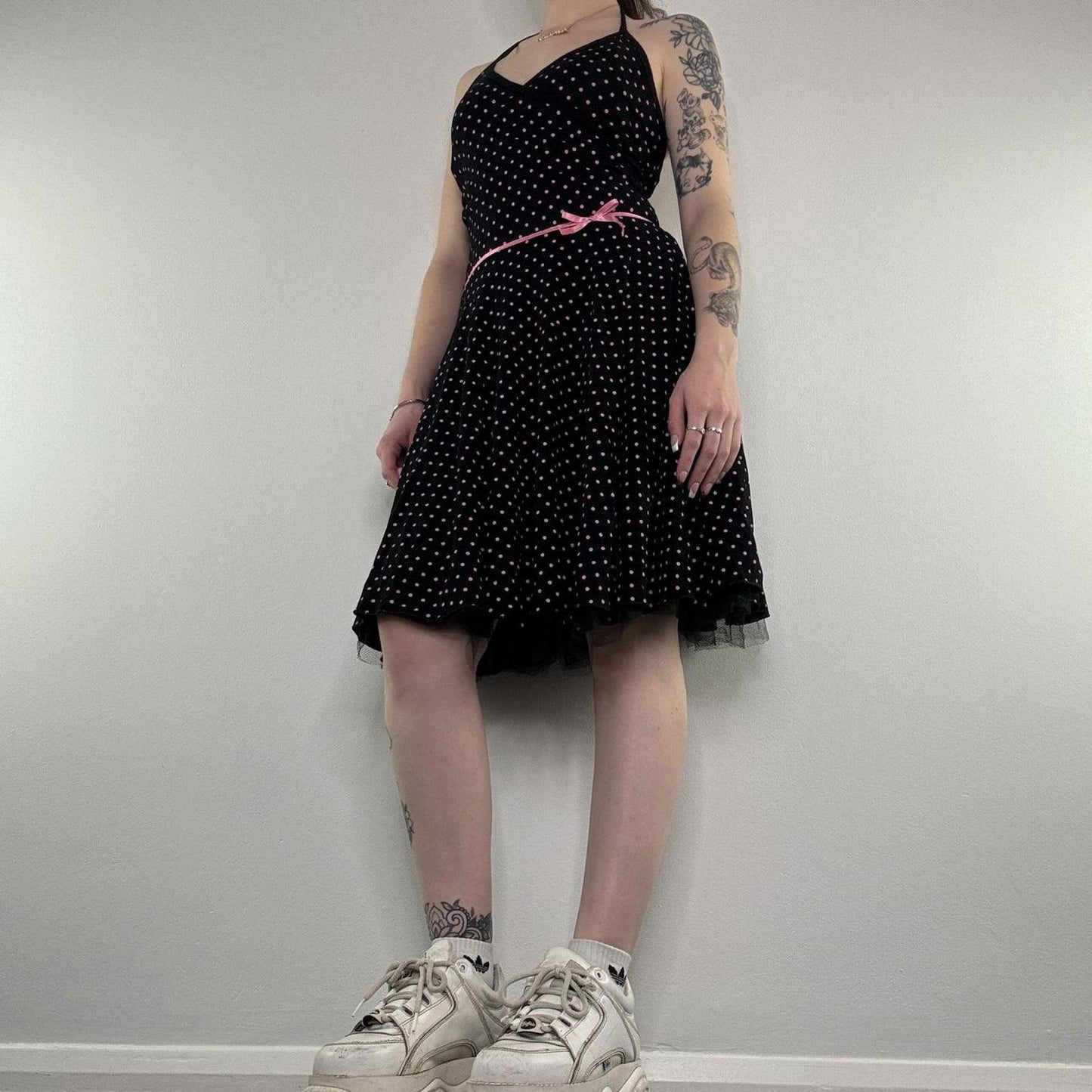 Y2K vintage polka dot midi dress halter neck bow mesh trim a line pink black