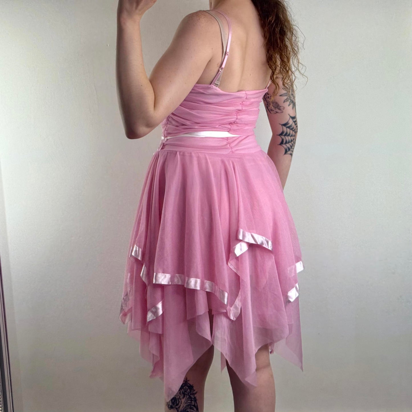 Y2K vintage fairy mesh asymmetrical midi dress layered ruffle satin baby pink