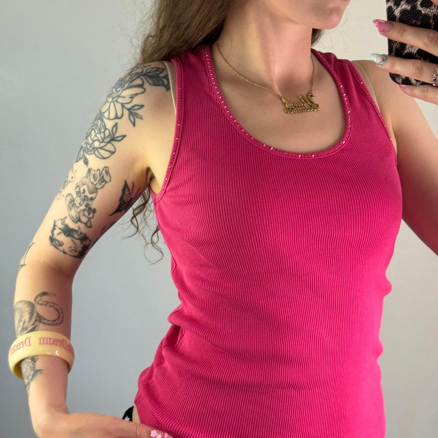 Y2K vintage hot pink tank top rhinestone round neckline ribbed stretchy basic