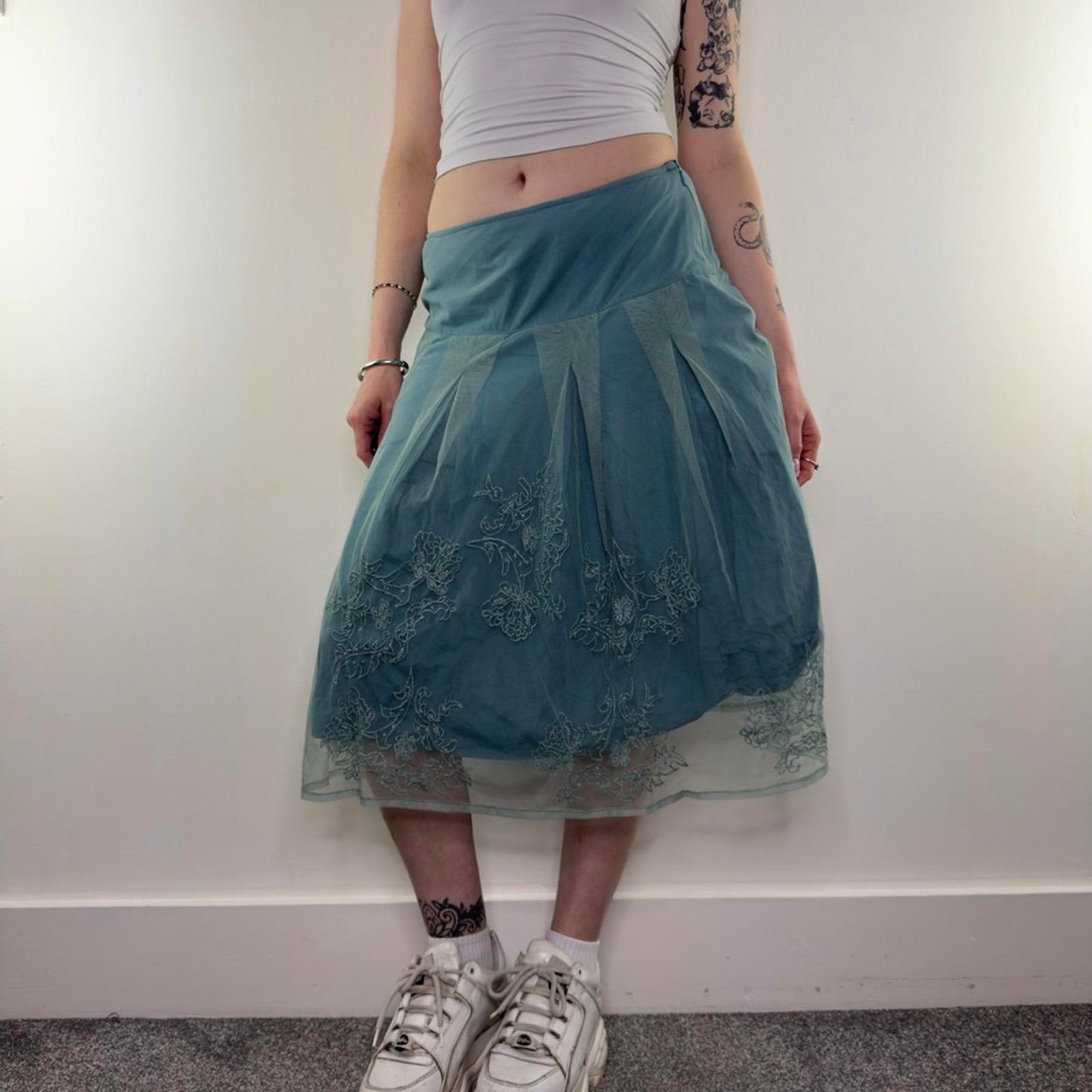 Y2K vintage mesh fishnet double layered midi skirt a line floral embroidered