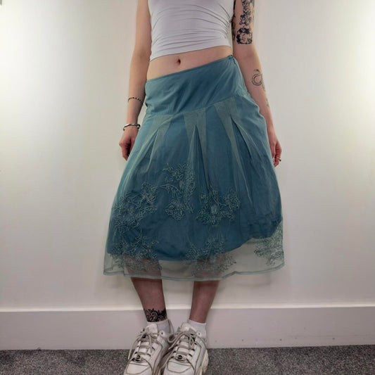Y2K vintage mesh fishnet double layered midi skirt a line floral embroidered