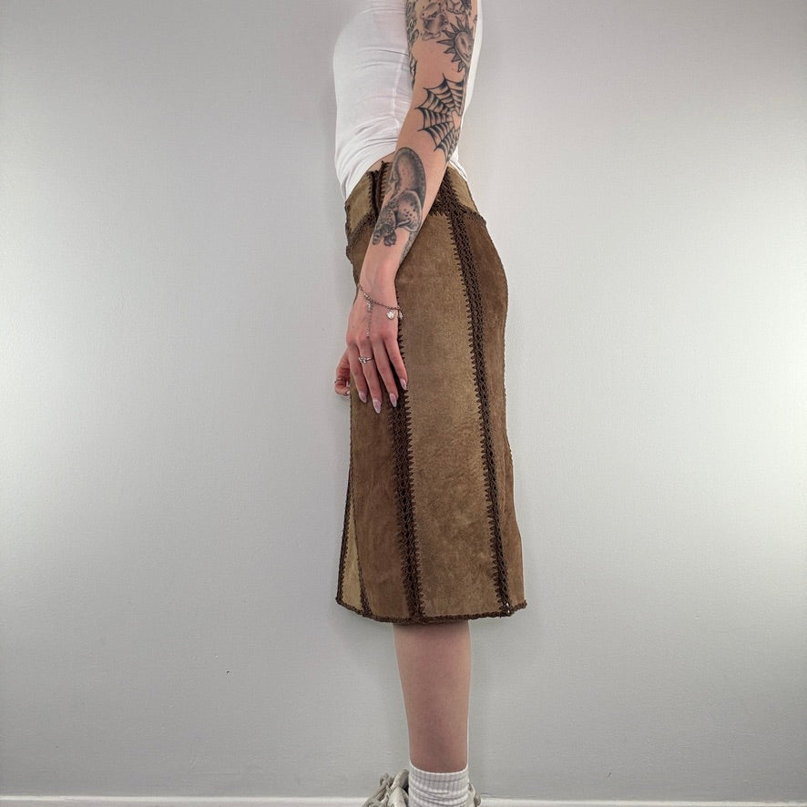 Y2K vintage suede patchwork midi skirt