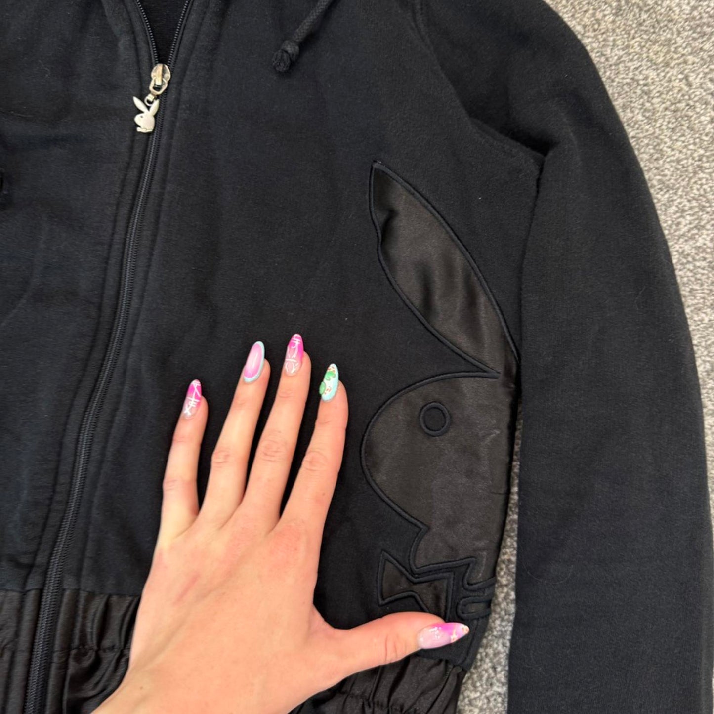 Y2K vintage Playboy cropped zip up jumper satin logo sporty black elastic waist