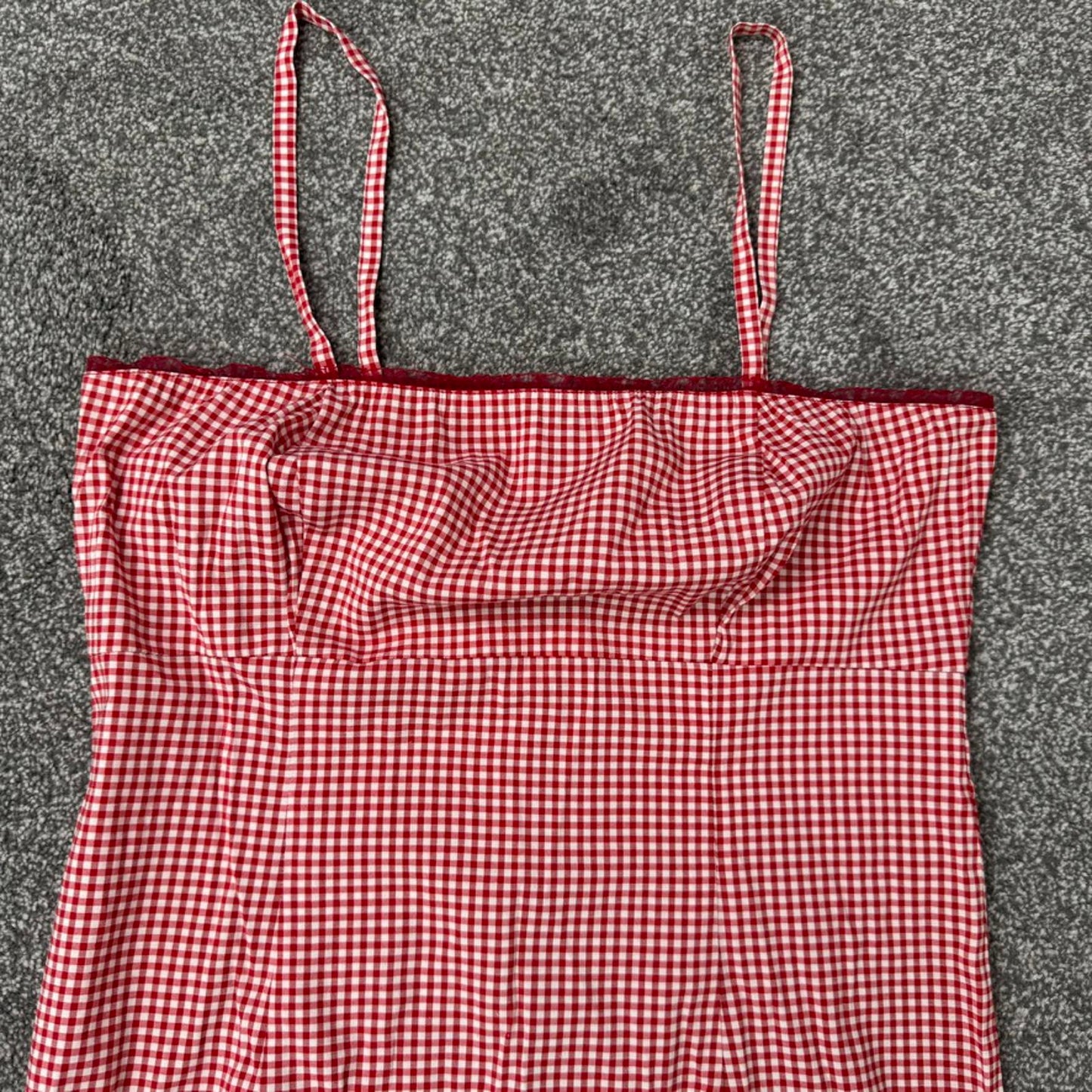 90s Y2K vintage gingham milkmaid midi dress frill bust trim red white stretchy