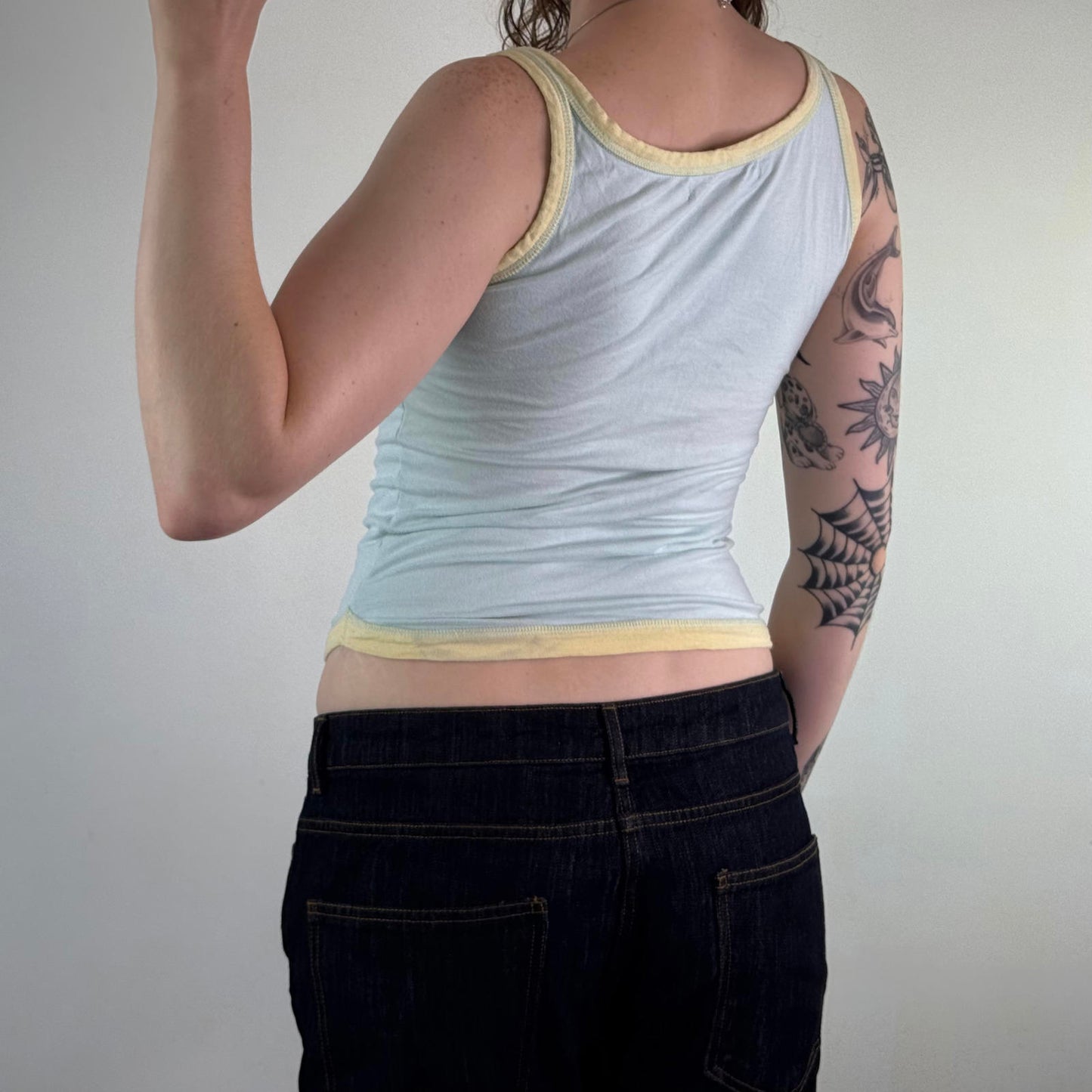 Y2K vintage cut out lips tank top rhinestone baby blue yellow ringer slight crop