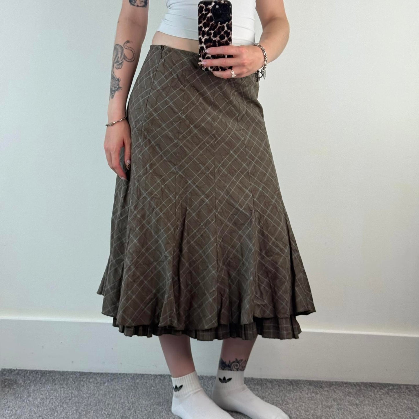 Y2K vintage tartan floral embroidered maxi skirt a line flowy fit double hemline