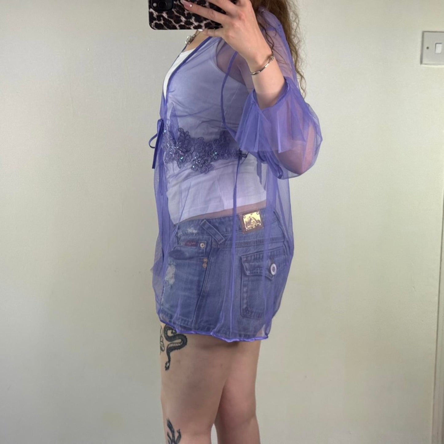 Y2K vintage lilac mesh cardigan floral embroidery sequin v neck frill sleeve