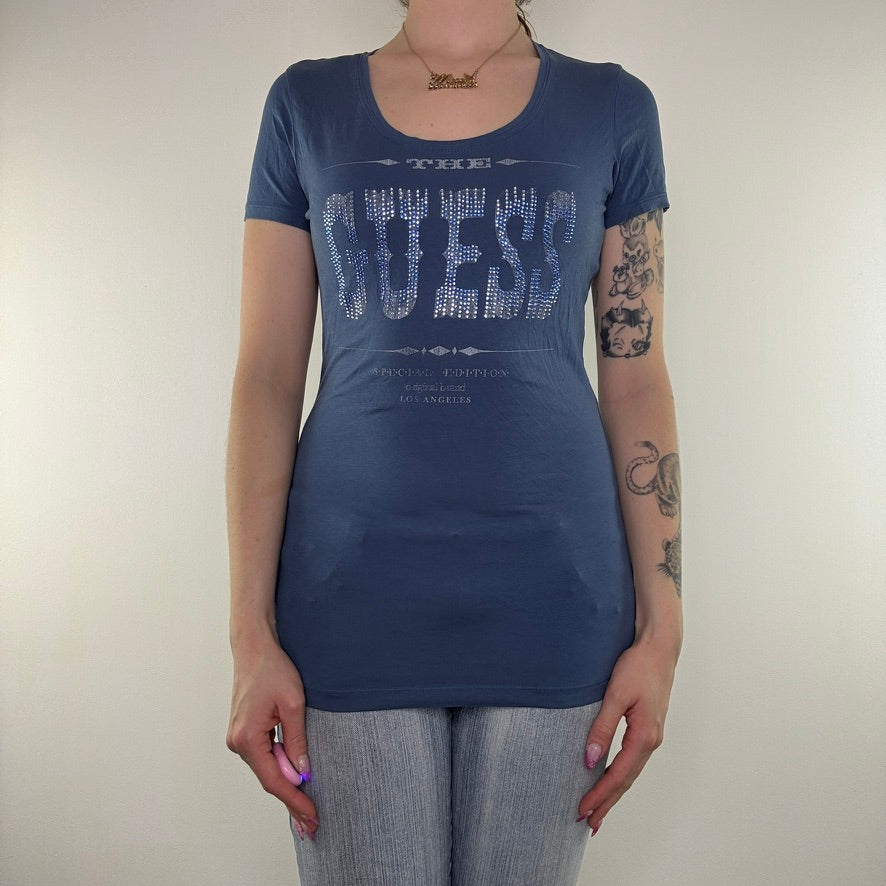 Y2K vintage Guess rhinestone top graphic print text spell out western mcbling