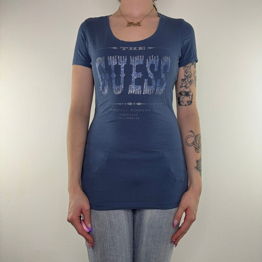 Y2K vintage Guess rhinestone top graphic print text spell out western mcbling