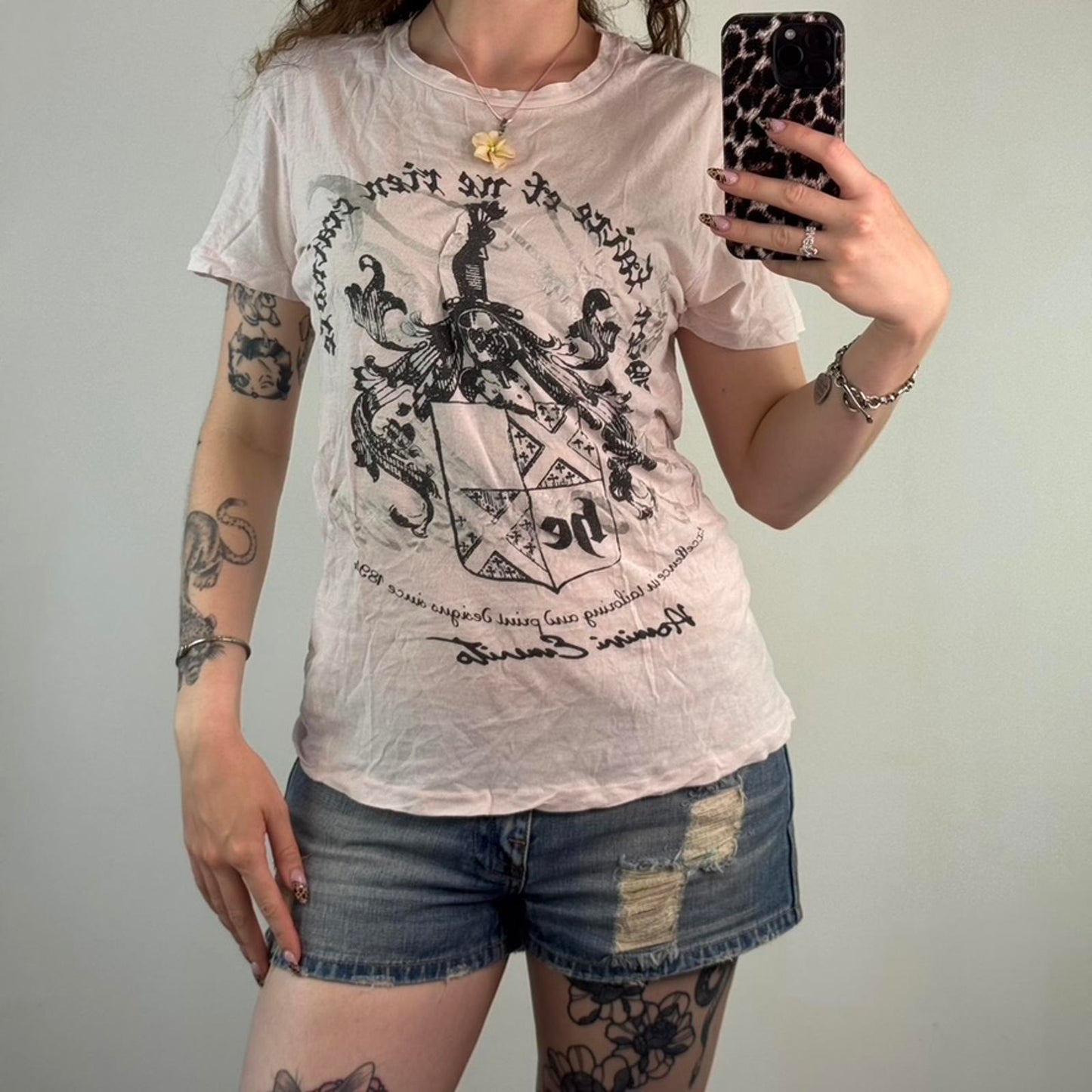 Y2K vintage sheer baby pink t shirt graphic print filigree text jesse pinkman