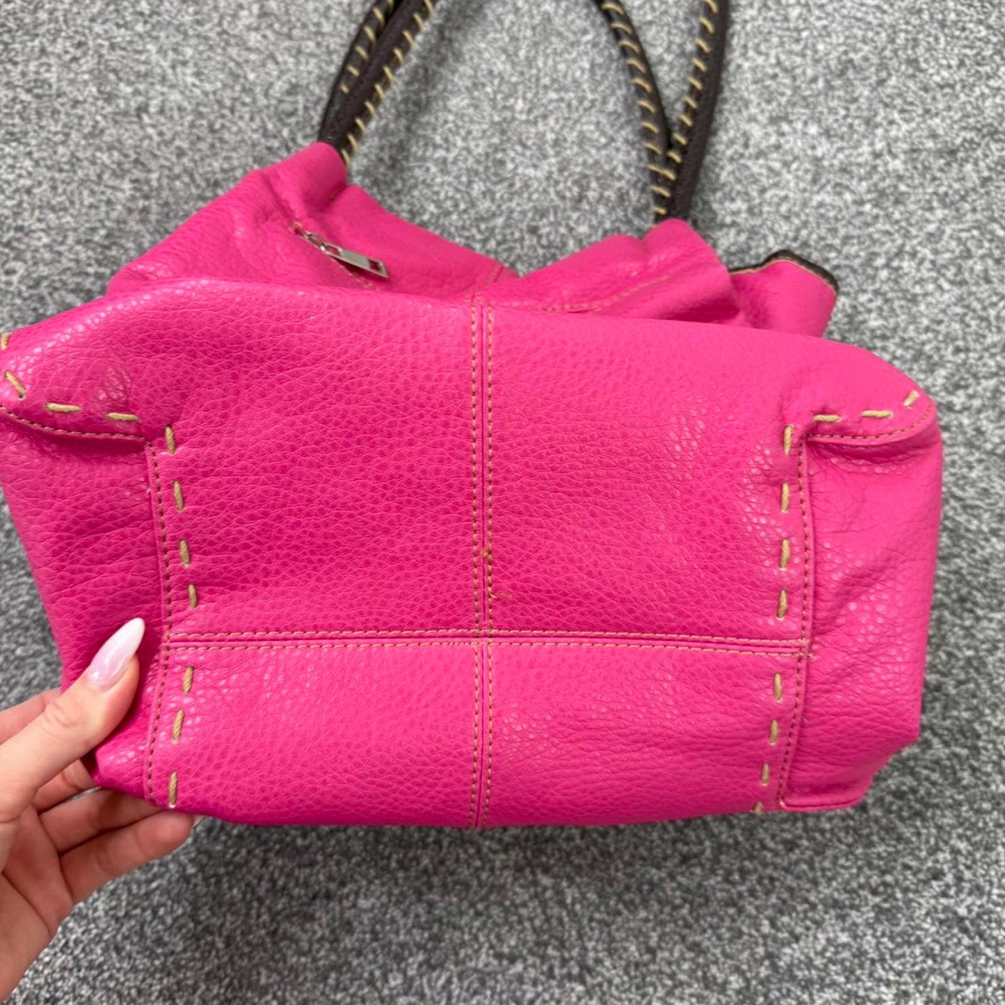 Faux leather shoulder bag big button contrast stitch hot pink brown