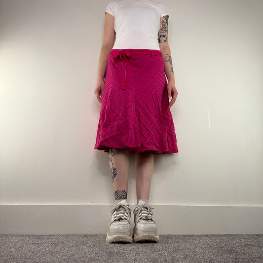 Y2K vintage pink midi skirt with belt stripe floaty