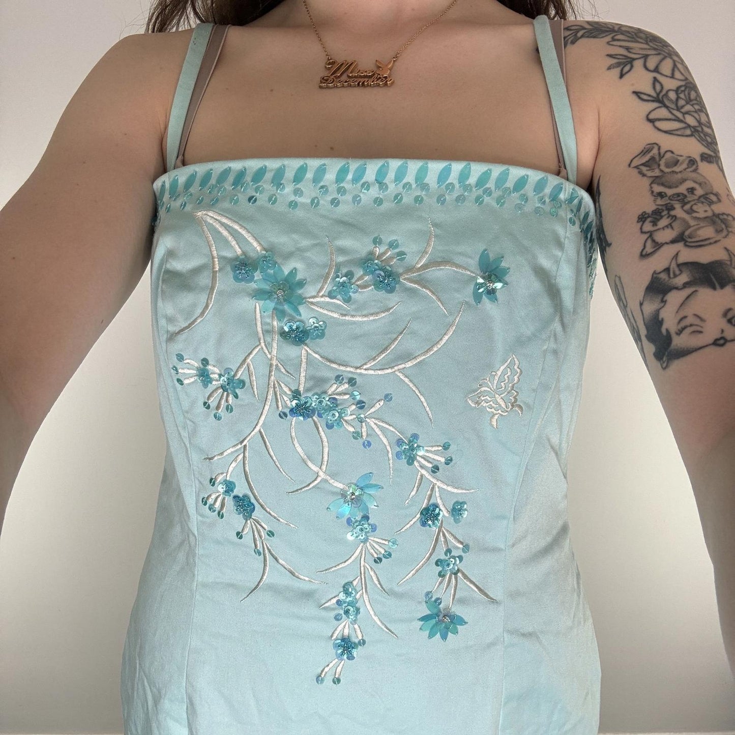 Y2K vintage midi dress floral butterfly embroidered sequin square neckline bead