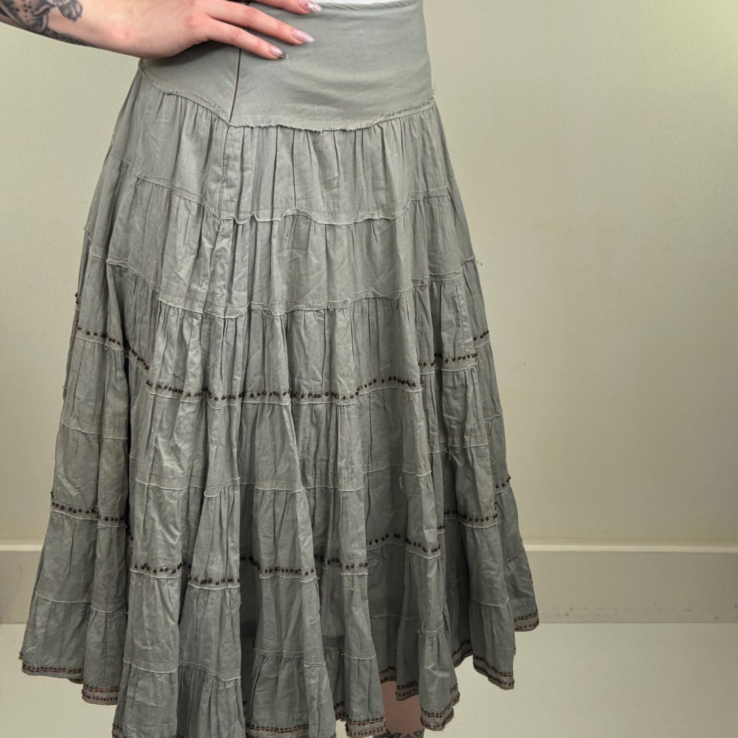 Y2K vintage maxi skirt tiered beaded a line boho summer fraying hem summer