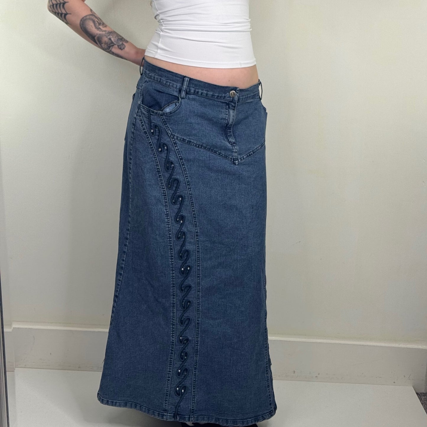 Y2K vintage maxi skirt denim rhinestones stretchy a line embroidered pattern