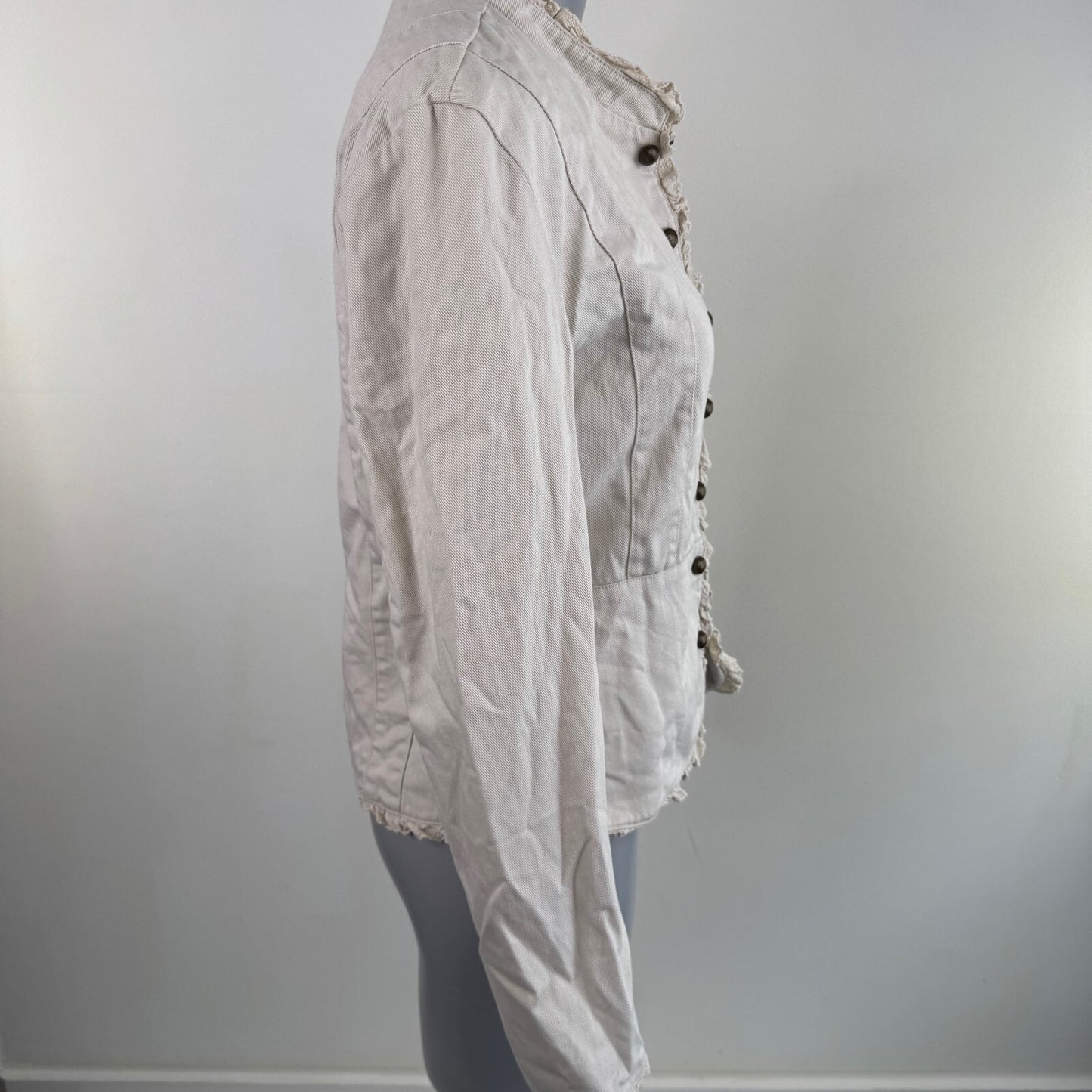 Y2K vintage military denim jacket hook and eye ruffle hem broderie anglaise