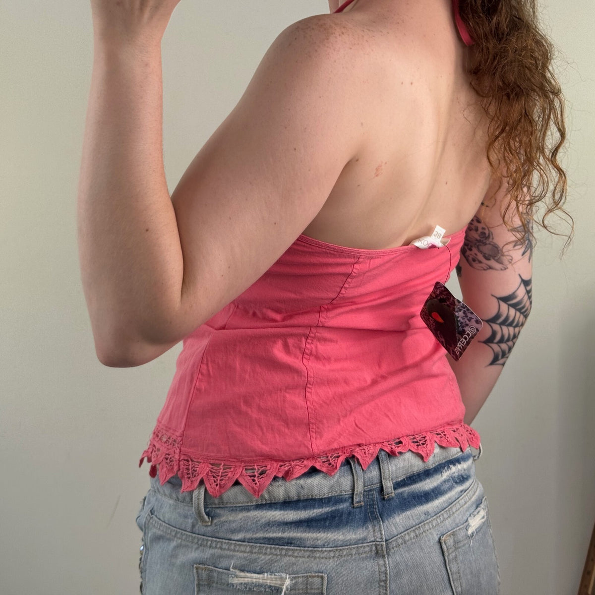 Y2K vintage Kookai halter neck top floral pink v neck bow cut out cotton summer