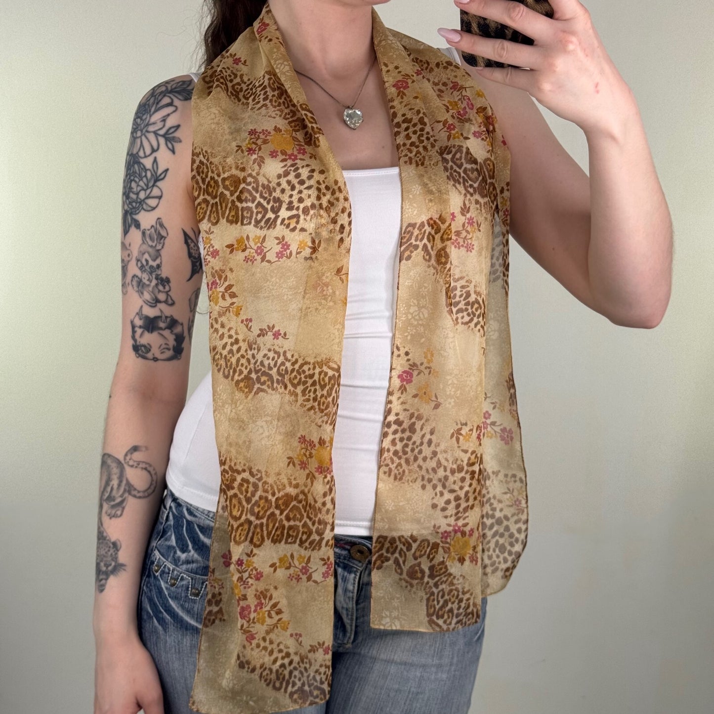 Y2K vintage scarf leopard print floral scarf beige