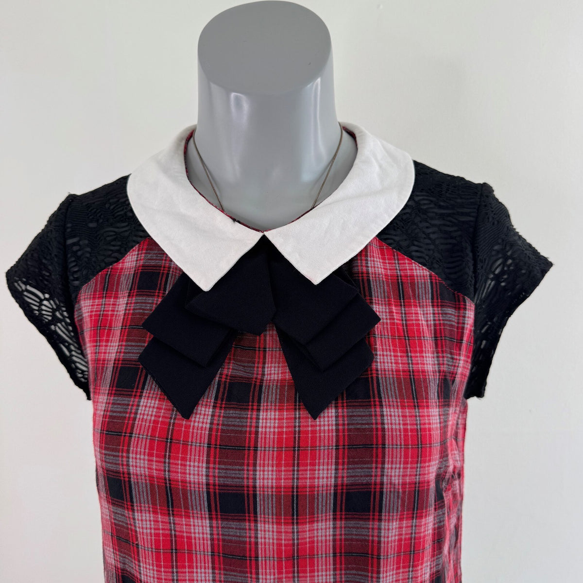 Y2K vintage tartan mini dress bow a line collar short sleeve sheer plaid print