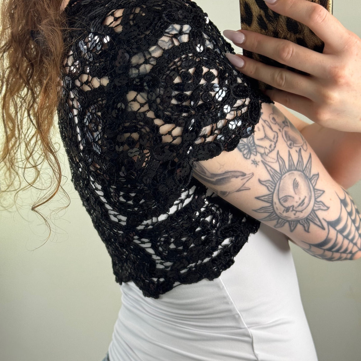 Y2K vintage Bay crochet cardigan crop sequin short sleeve bolero sheer knit