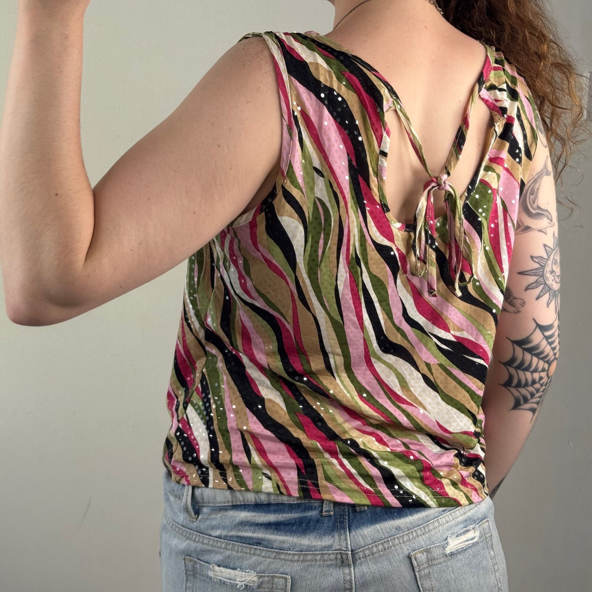 Y2K vintage tank top swirly cowl neck bow party shimmer multi going out