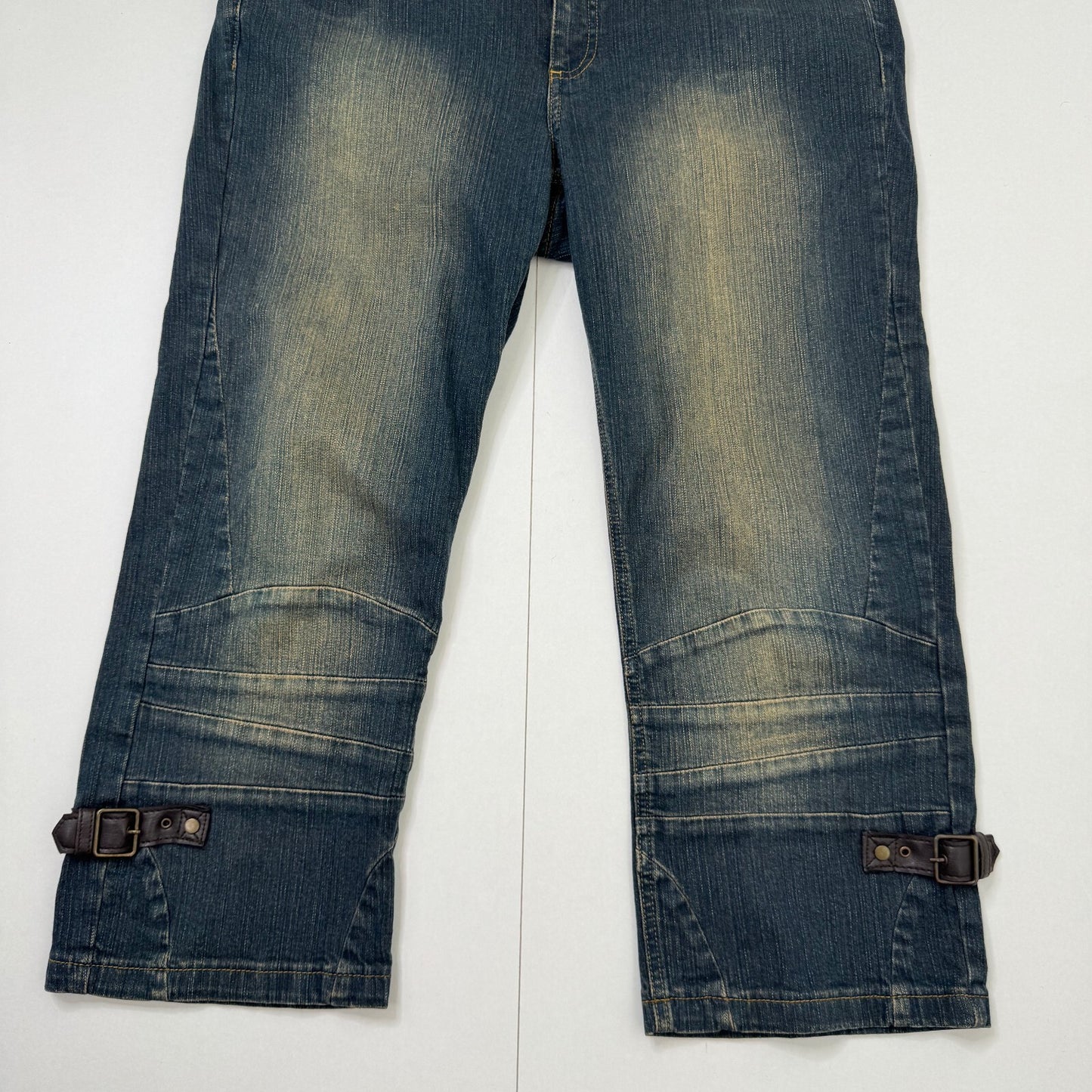 Y2K vintage capri jeans denim cropped faded dirty wash stretchy bootcut buckle