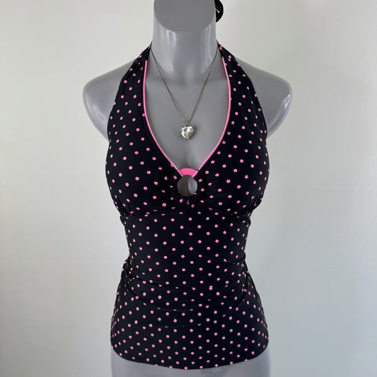 Y2K vintage tankini top o ring polka dot black pink bow v neck
