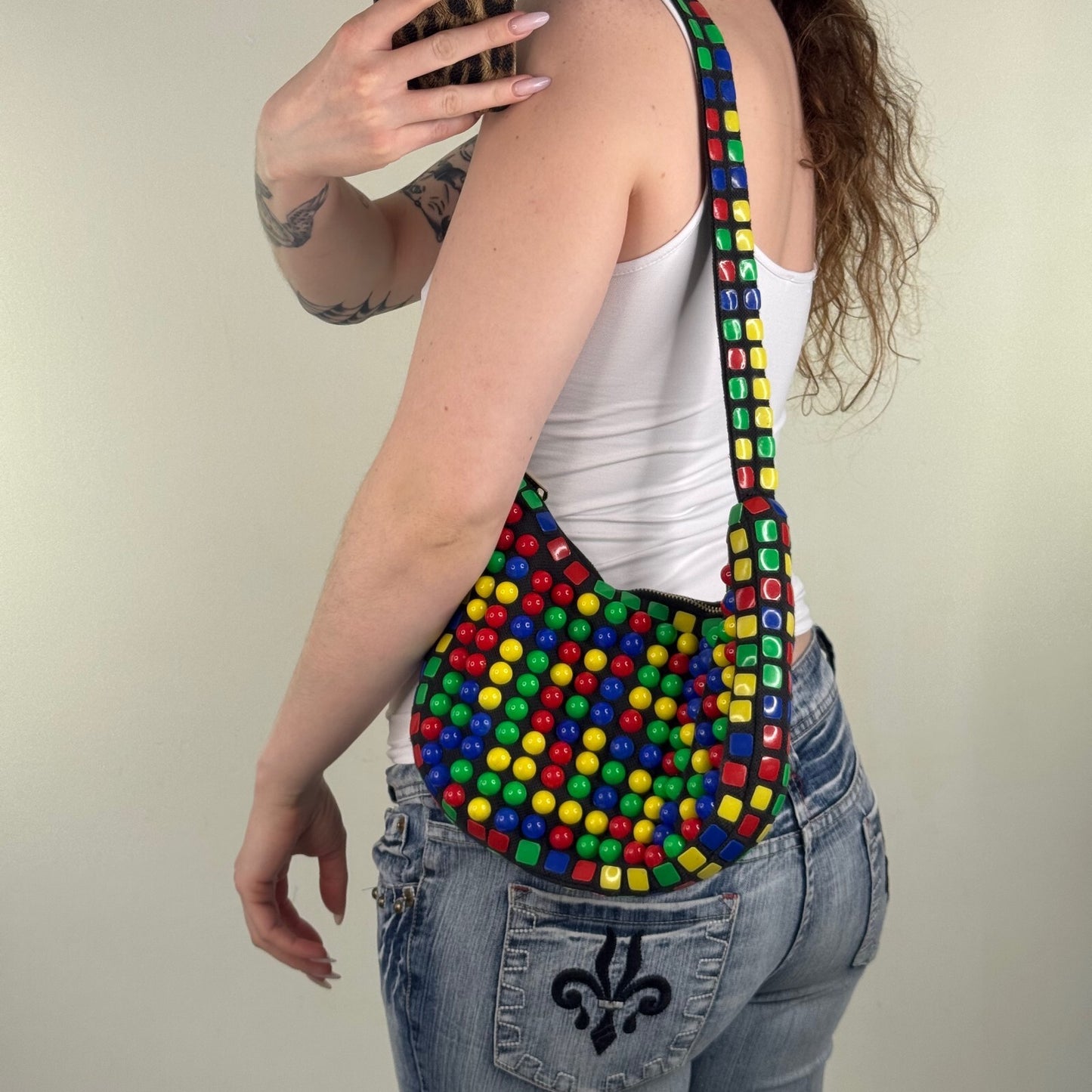 Vintage 1980s multicolour beaded statement shoulder bag memphis pop art