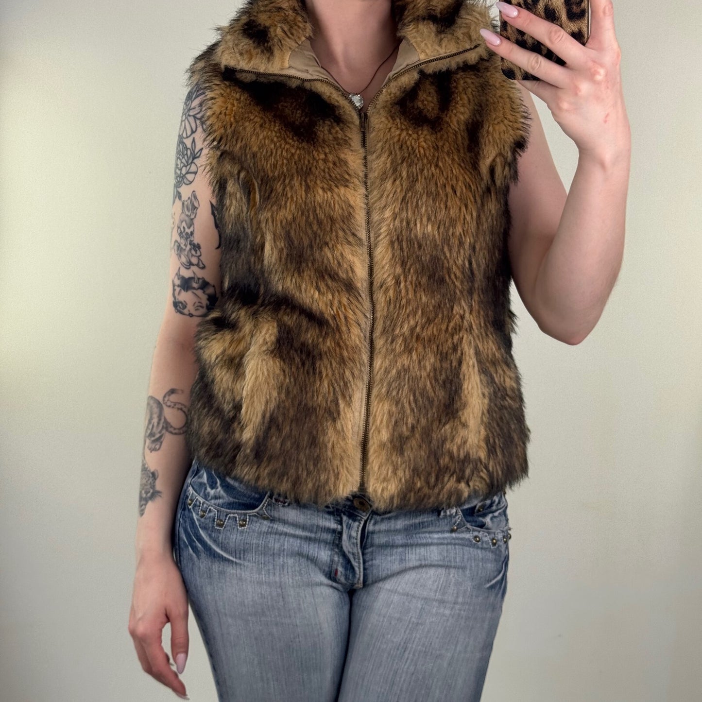 Y2K vintage gilet bodywarmer zip up faux fur high neck brown two tone pockets