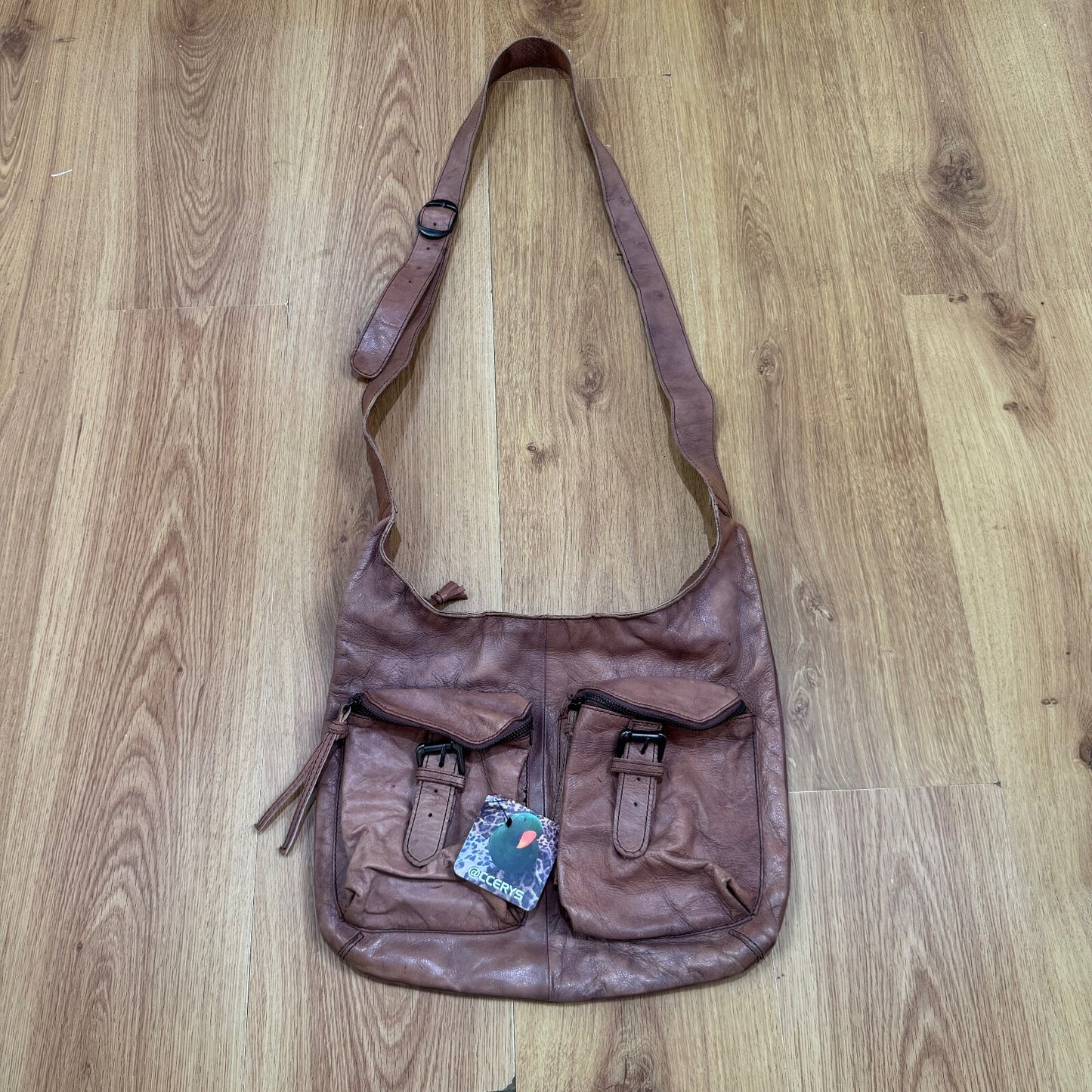 Y2K vintage 100% leather crossbody bag cargo pockets buckle faded dusty pink