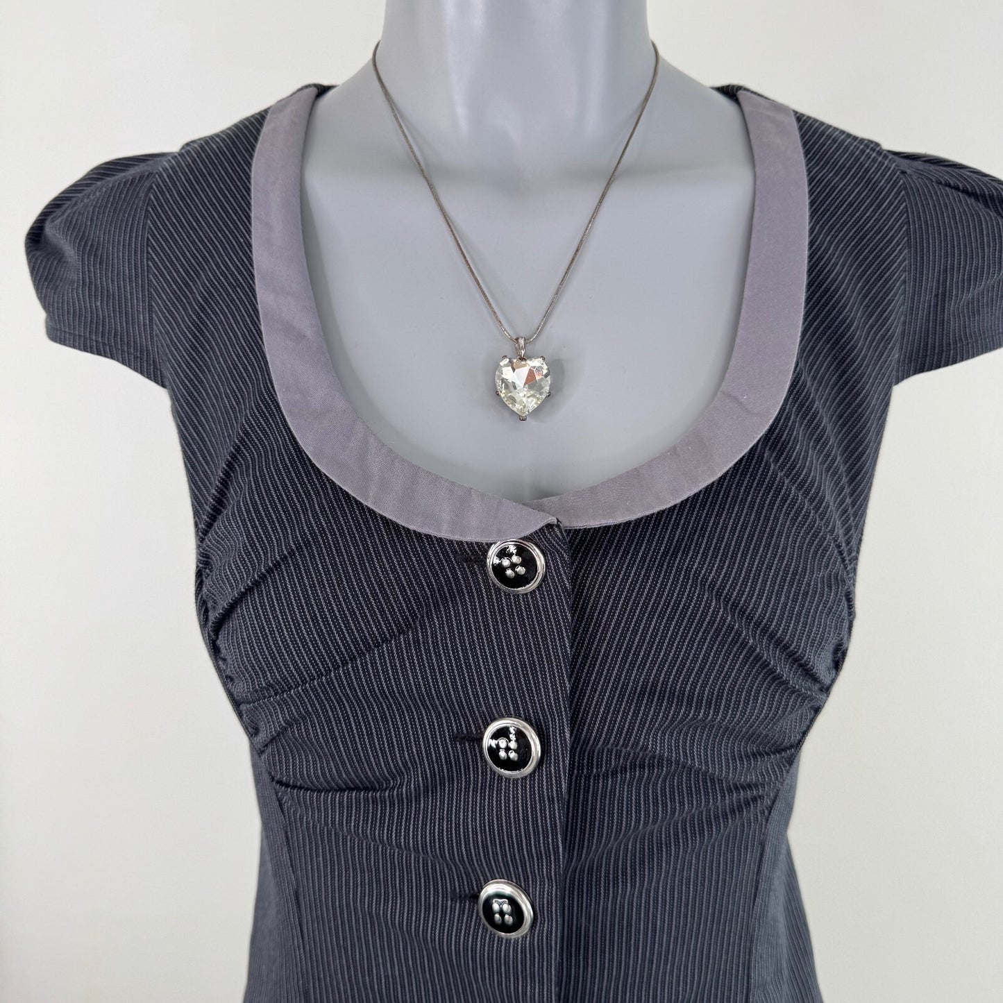Y2K vintage pinstripe mini dress cap sleeve round neck fitted tailored pin up