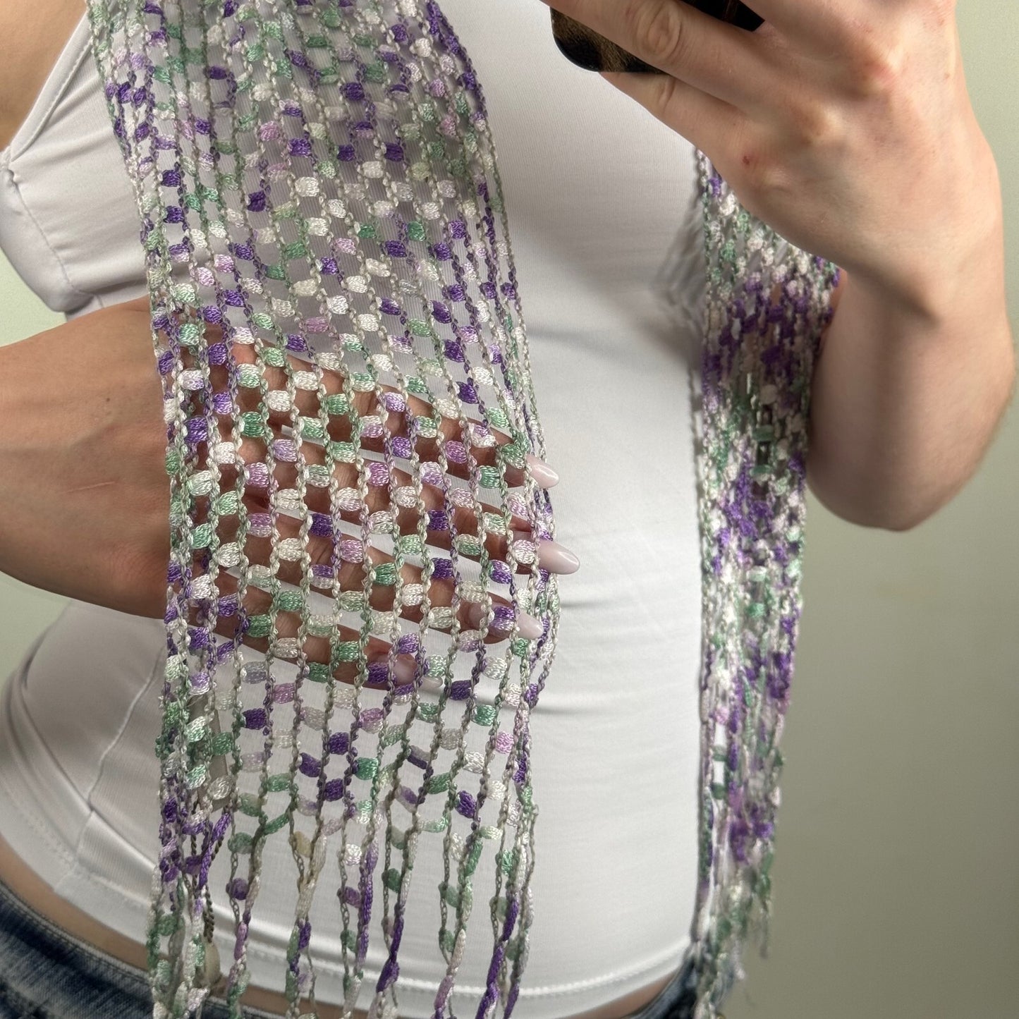 Y2K vintage scarf sheer fine knit fringe purple green skinny thin