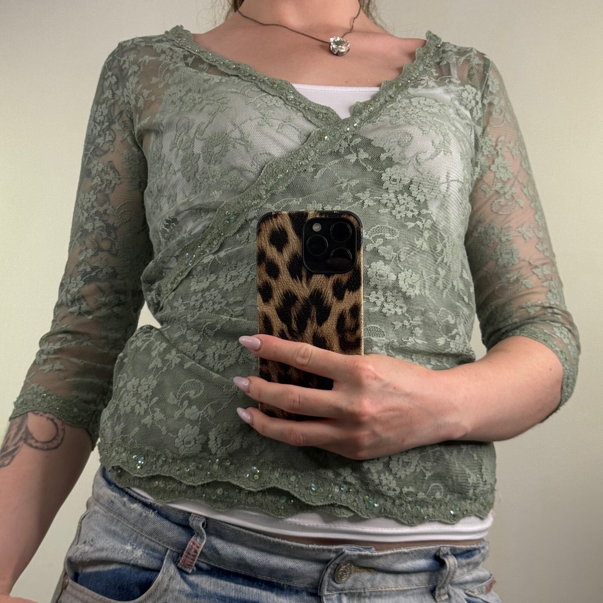 Y2K vintage mesh 3/4 sleeve top sheer wrap around v neck lace trim bow sequin