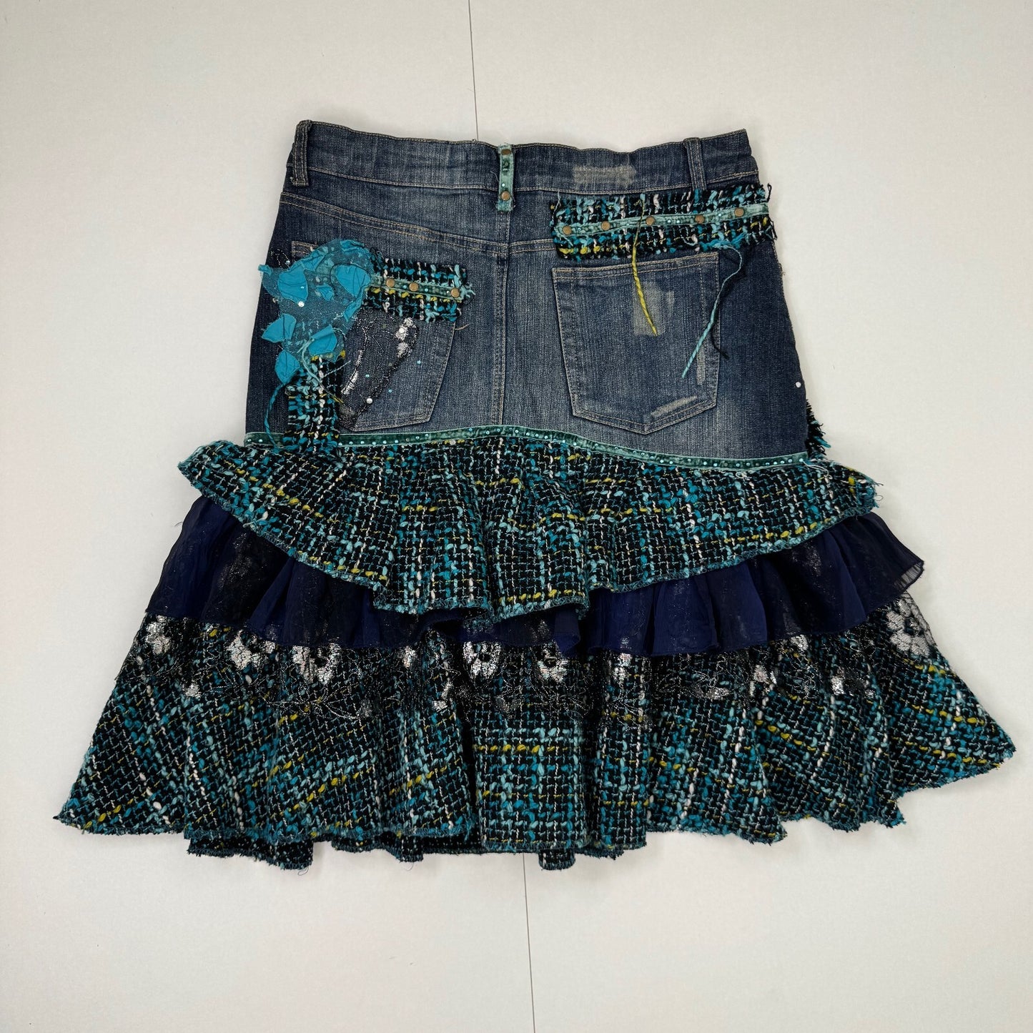 Y2K vintage midi skirt denim tartan patchwork tiered floral layered boho faded