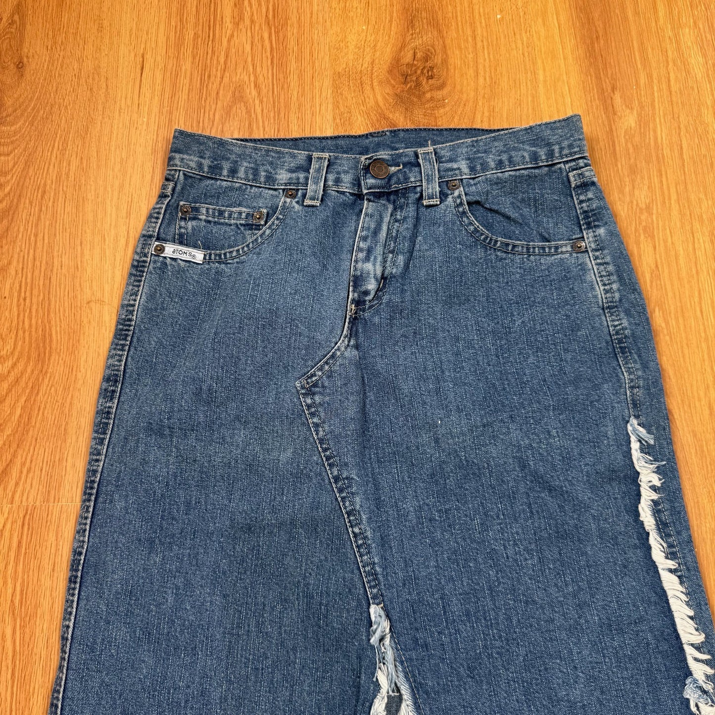 Y2K vintage denim maxi skirt a line fraying hem mid blue wash high slit long