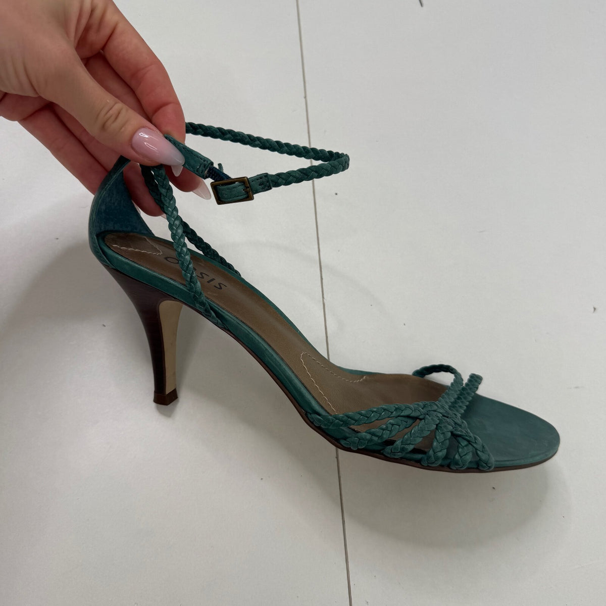 Y2K vintage genuine leather high heel strappy braided woven turquoise ankle