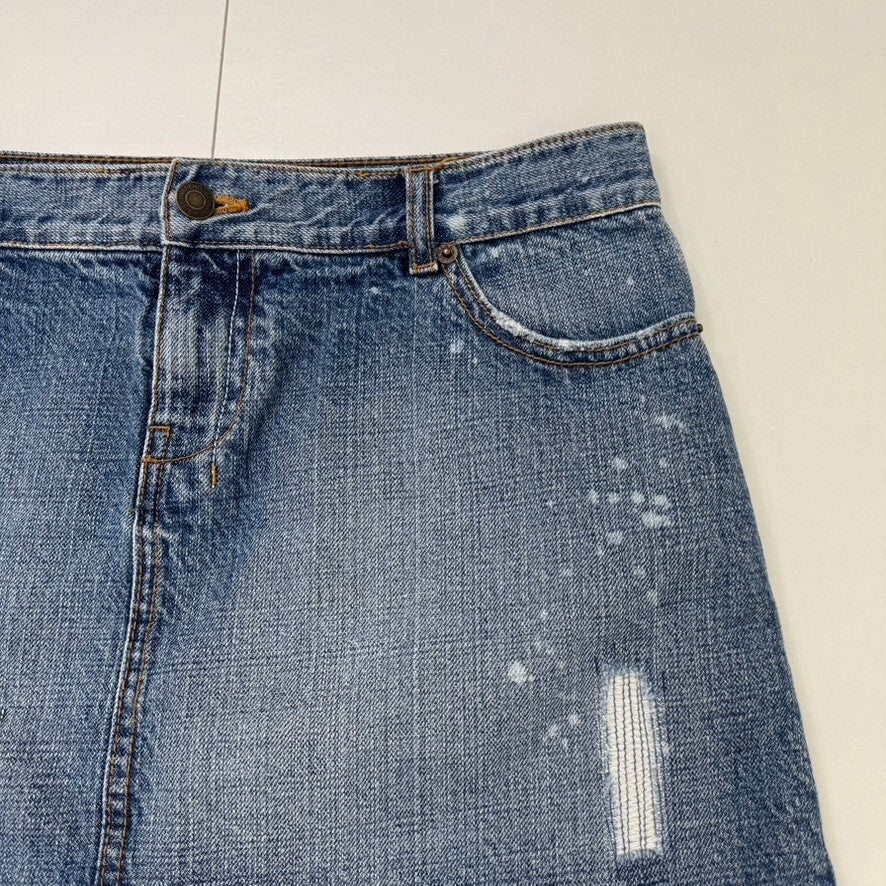 Y2K vintage mini skirt mid blue wash denim rhinestone distressed fraying hem
