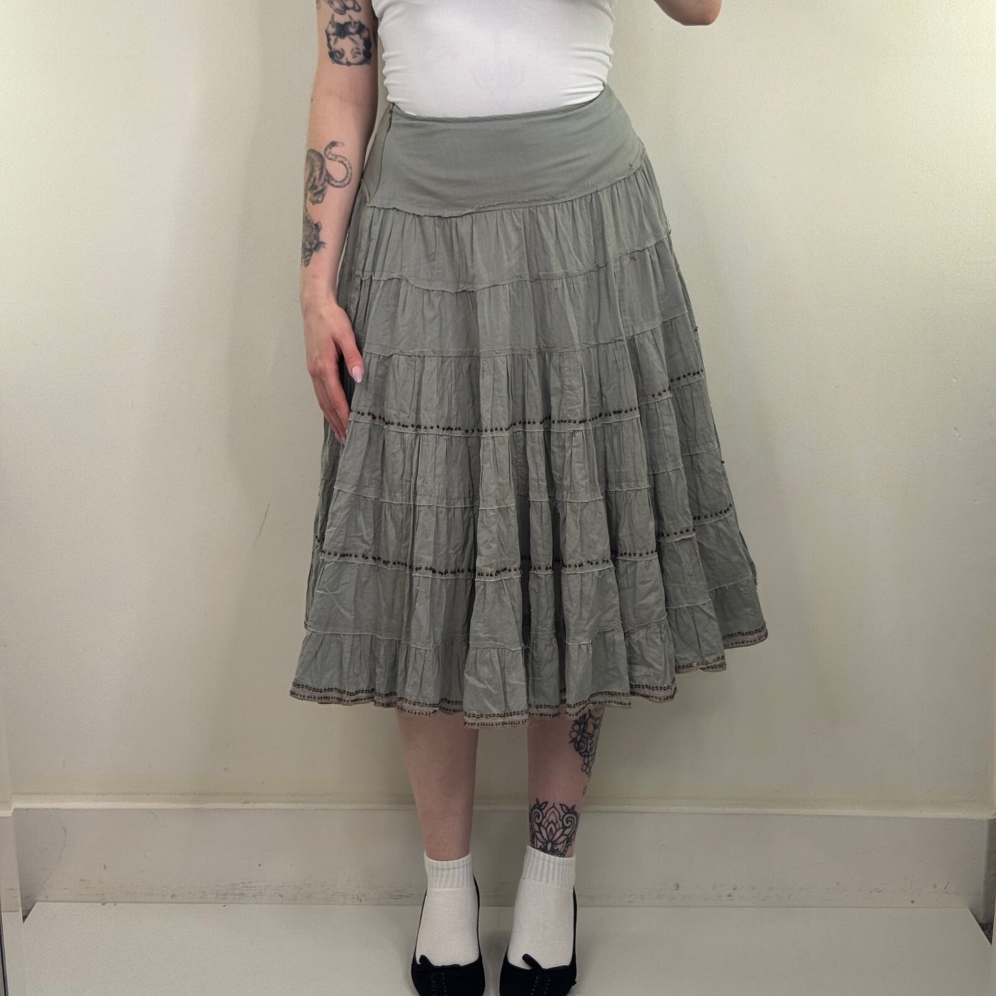 Y2K vintage maxi skirt tiered beaded a line boho summer fraying hem summer