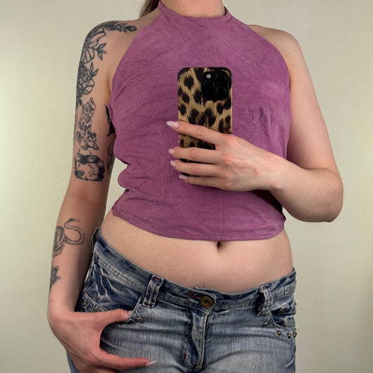 Y2K vintage suede top halter high neck purple crop tie bow festival summer